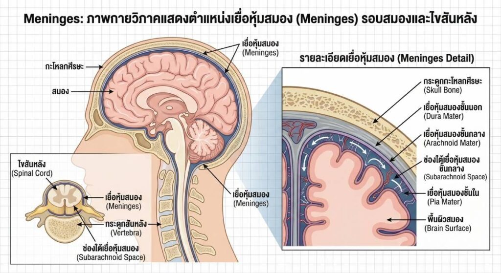 เยื่อหุ้มสมอง meninges คืออะไร แสดงชั้น dura mater, arachnoid, pia mater
