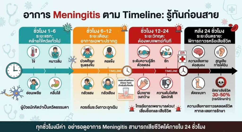 timeline อาการเยื่อหุ้มสมองอักเสบ meningitis ตั้งแต่เริ่มต้น ถึงขั้นวิกฤต